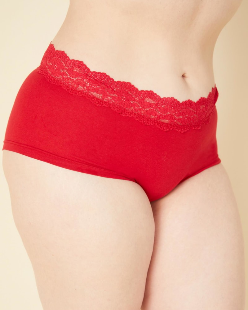 Front of a model wearing a size 1X Love Low-Rise Boyshort in Mystic Red by Cosabella. | dia_product_style_image_id:273587